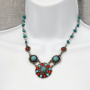 Chic‎ Turquoise Red Stone Flower Necklace Toggle Clasp Southwestern Boho 15"